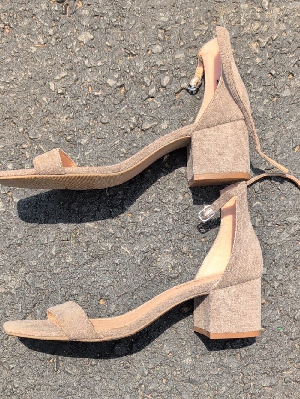 Madden Girl Taupe Suede Ankle Strap Block Heel Sandals - Picture 2 of 5
